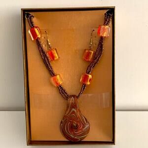 New set Art Glass Pendant Necklace& Earrings Brown Brass, Orange & Gold